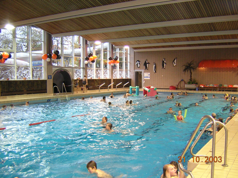 Im Hallenbad mit großen Fenstern und bunten Luftballons schwimmen zahlreiche Menschen, während Spielzeuge auf dem Wasser treiben.